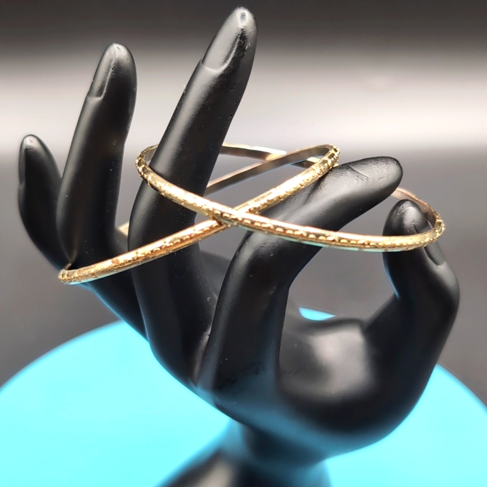 2 Gold Toned Textured Pattern Bangle Jingle Bracelets